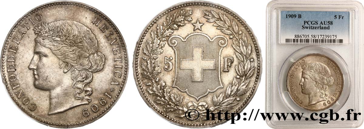 SVIZZERA  5 Francs Helvetia 1909 Berne SPL58 PCGS