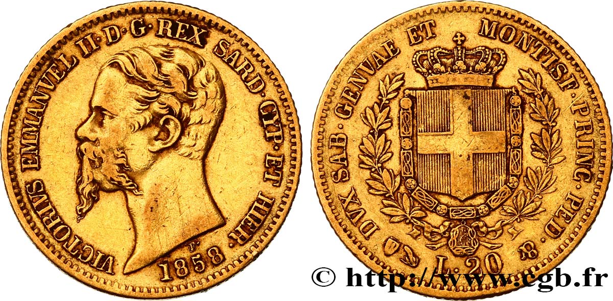 ITALIA - REINO DE CERDEÑA 20 Lire Victor Emmanuel II 1858 Gênes BC+ 