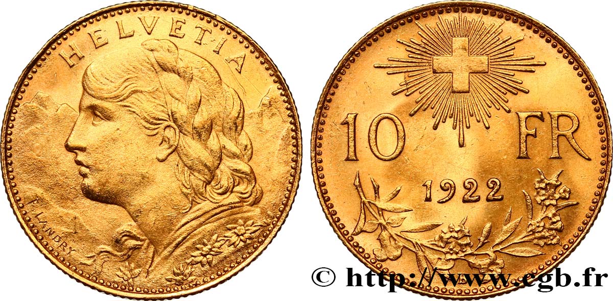 SVIZZERA  10 Francs  Vreneli  1922 Berne SPL 