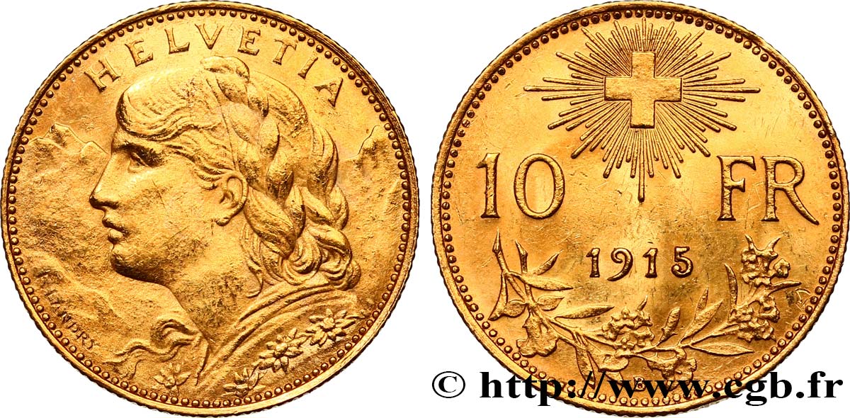 SWITZERLAND 10 Francs or  Vreneli  1915 Berne  AU 
