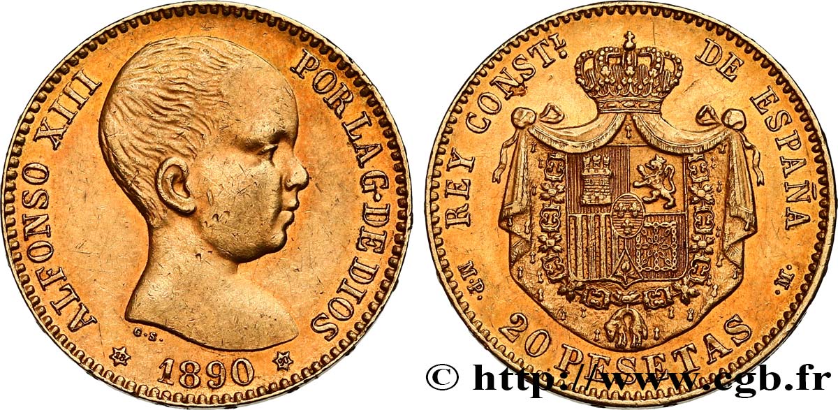 SPANIEN 20 Pesetas Alphonse XIII 1890 Madrid fVZ 