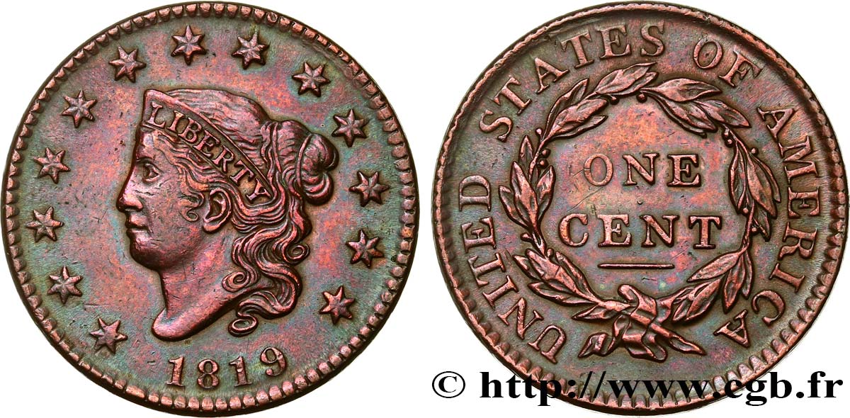 VEREINIGTE STAATEN VON AMERIKA 1 Cent “Matron Head” variété à petite date 1819 Philadelphie fVZ 