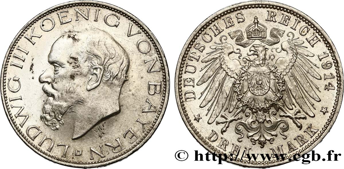 GERMANY - BAVARIA 3 Mark Louis III 1914 Munich AU 