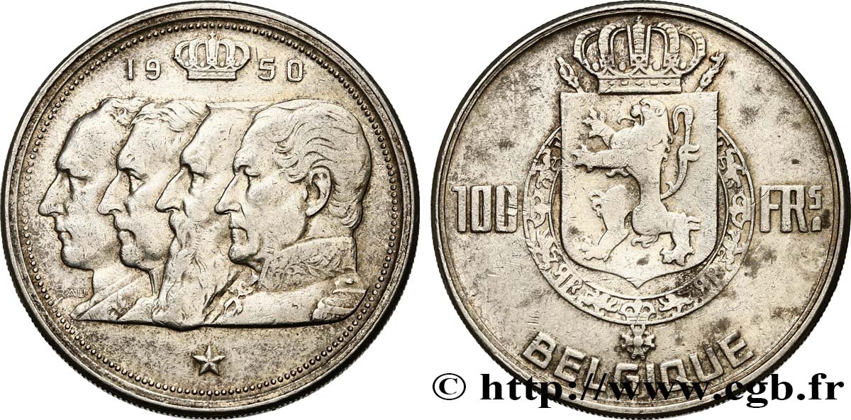 BELGIQUE 100 Francs armes au lion / portraits des quatre rois de Belgique, légende française 1950  TTB 