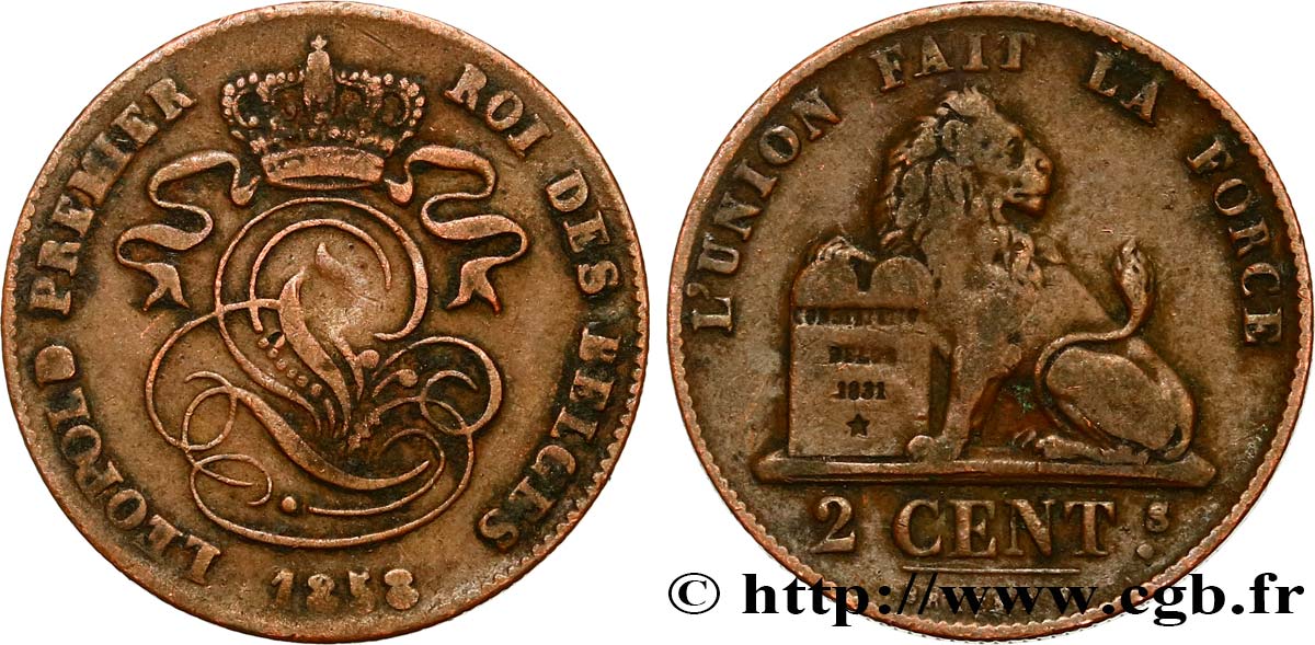 BELGIQUE 2 Centimes lion monogramme de Léopold Ier 1858  TB+ 