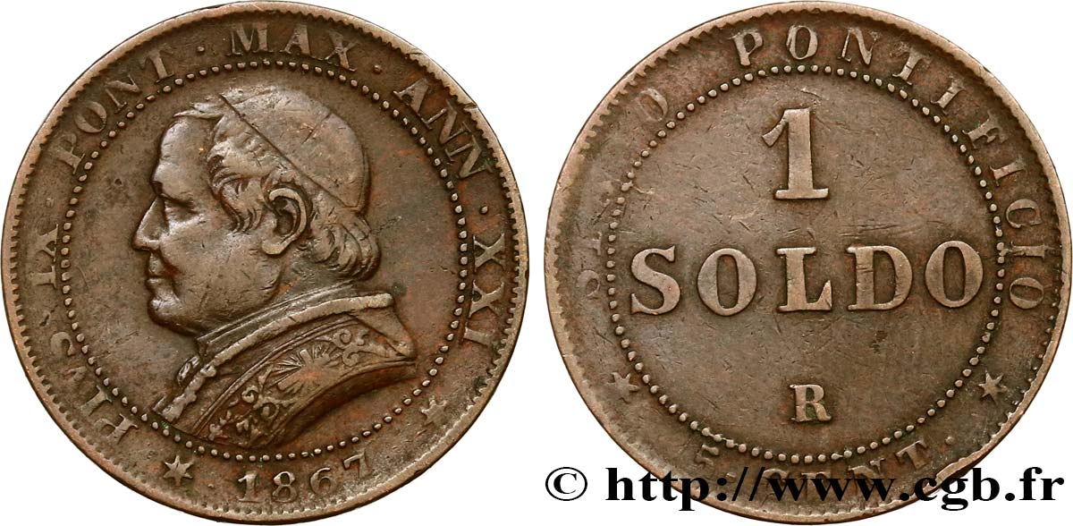 VATICAN AND PAPAL STATES 1 Soldo an XXI buste large 1867 Rome XF/AU 