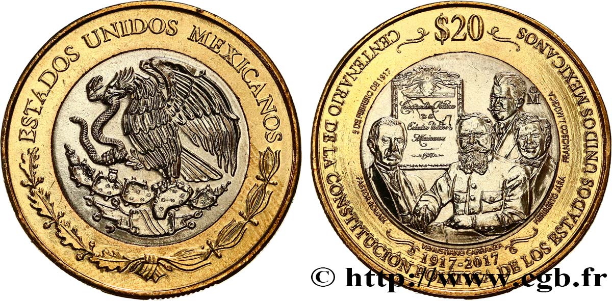 MEXIQUE 20 Pesos centenaire de la constitution 2017 Mexico SPL 