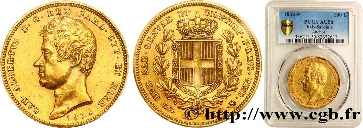 ITALY - KINGDOM OF SARDINIA 100 Lire Charles-Albert 1834 Turin AU50 PCGS
