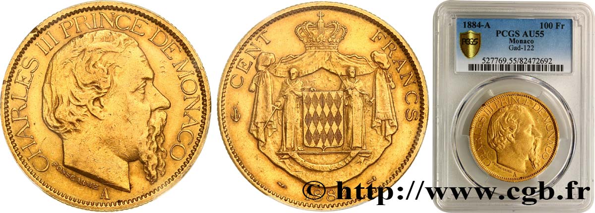 MONACO 100 Francs or Charles III 1884 Paris AU55 PCGS