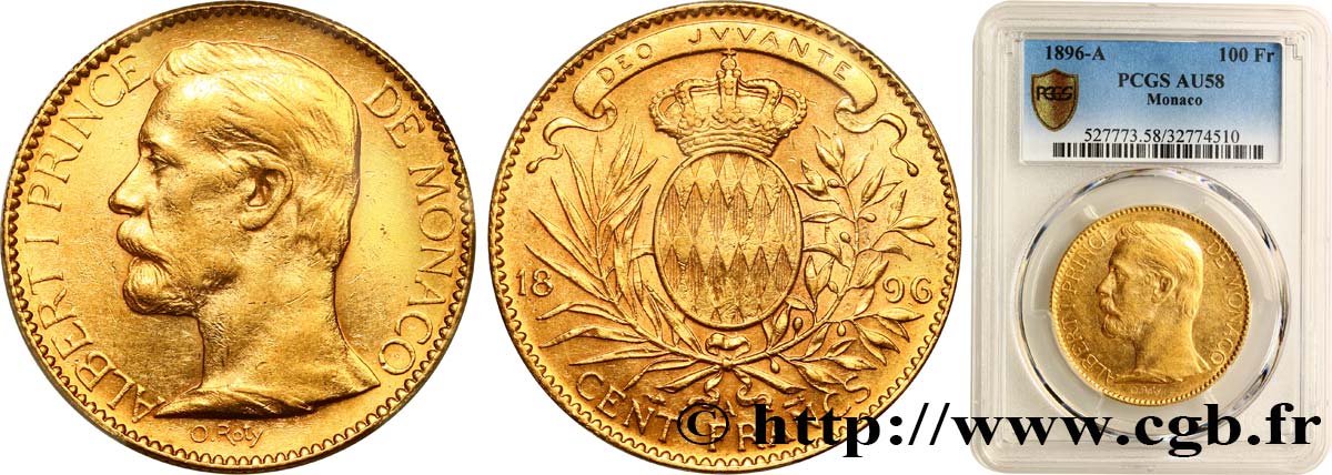 MONACO 100 Francs or Albert Ier 1896 Paris SPL58 PCGS