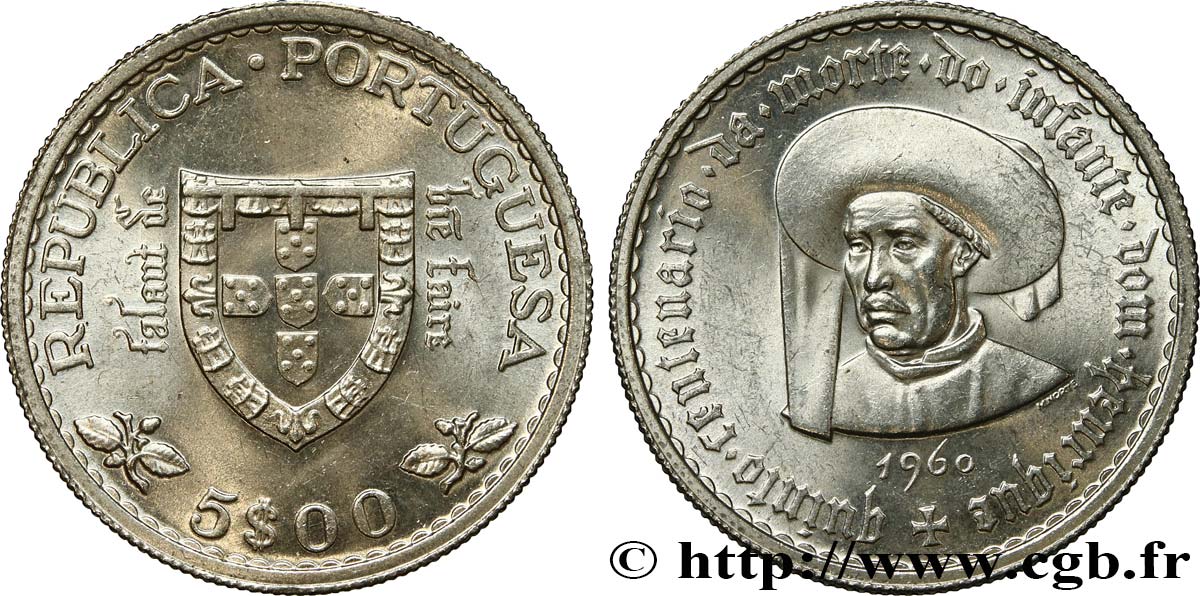 PORTUGAL 5 Escudos 500e anniversaire de la mort de l’infant Don Henrique le navigateur 1960  SC 