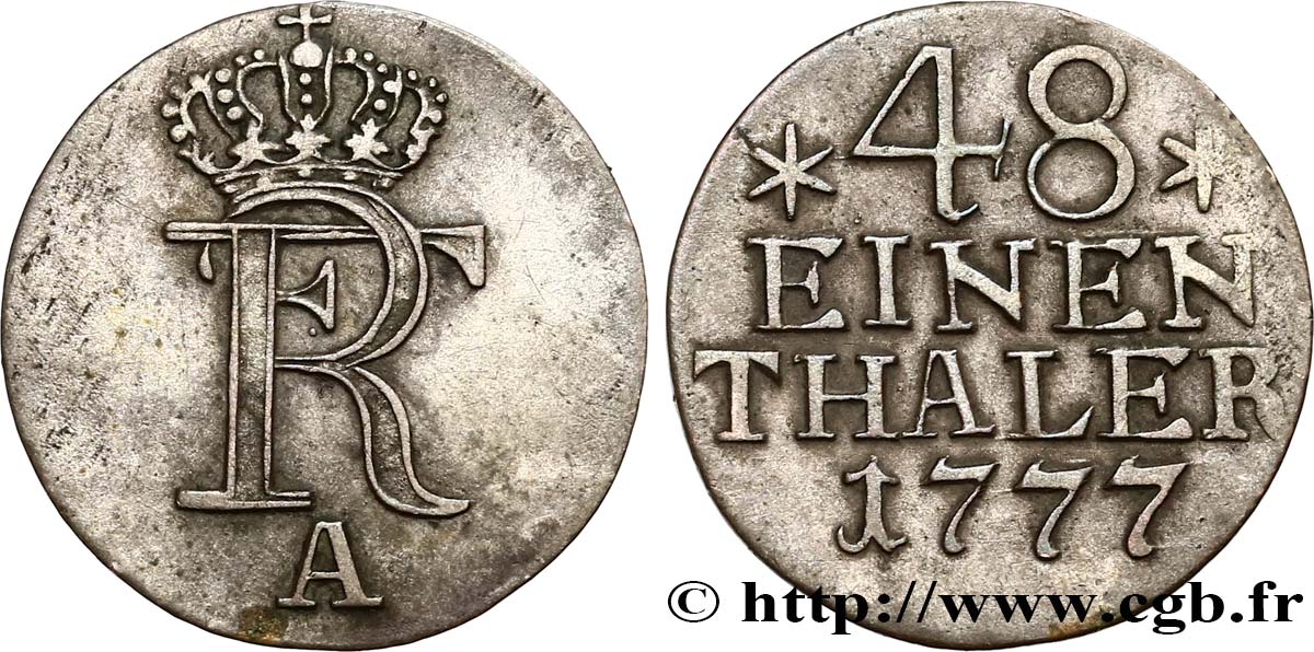ALEMANIA - PRUSIA 1/48 Thaler monogramme de Frédéric II de Prusse 1777 Berlin MBC 