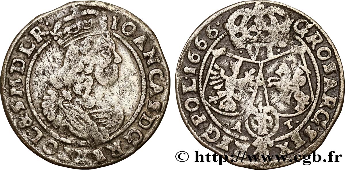 POLONIA 6 Groszy (Groschen) Jean II Casimir Vasa 1666 Cracovie BC+ 