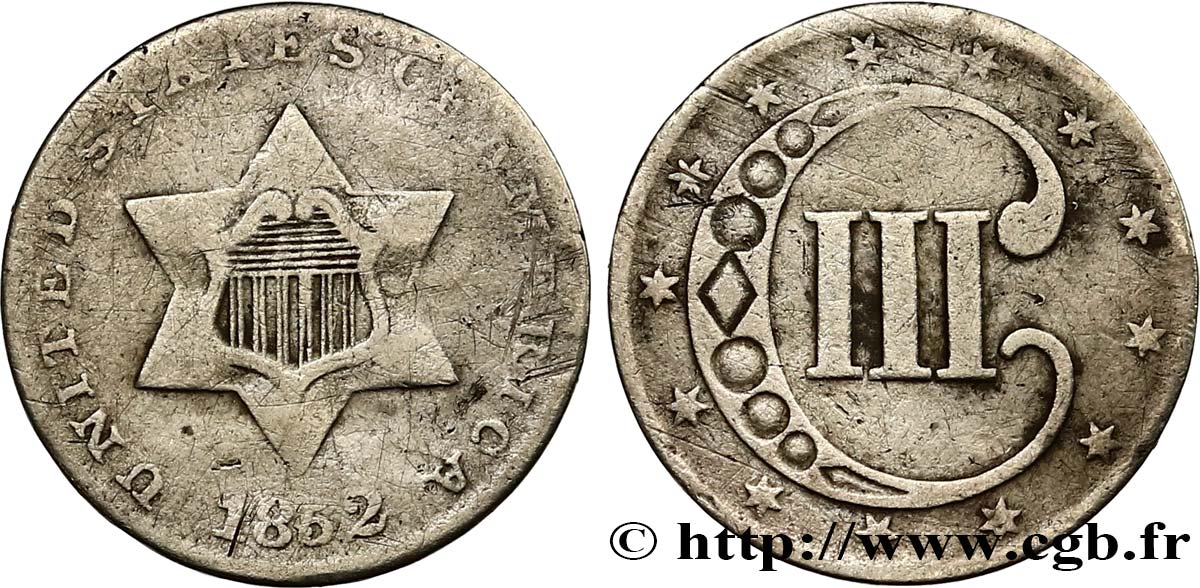 ÉTATS-UNIS D AMÉRIQUE 3 Cents 1852 Philadelphie B+ 