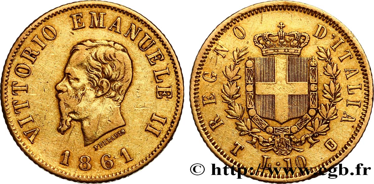 ITALY - KINGDOM OF ITALY - VICTOR-EMMANUEL II 10 Lire, 1er type 1861 Turin VF 