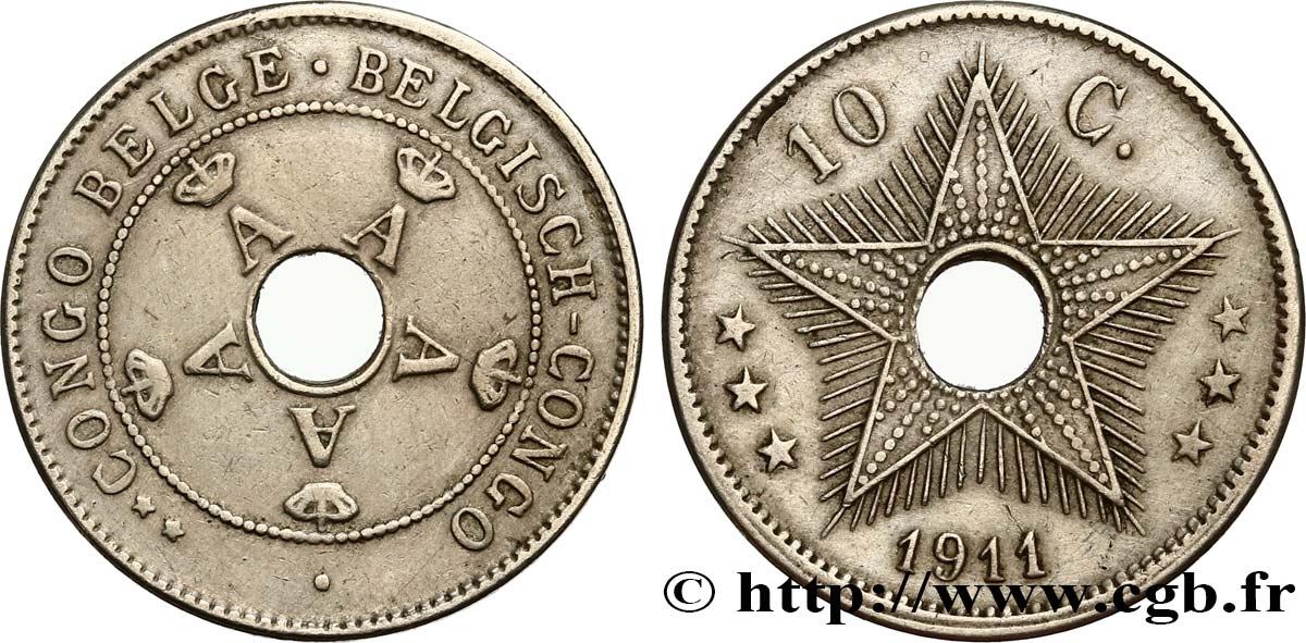 BELGISCH-KONGO 10 Centimes monogramme A (Albert) couronné 1911  VZ 