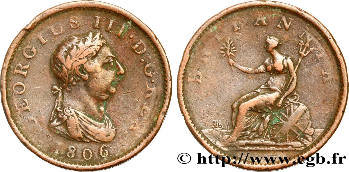ROYAUME-UNI 1 Penny Georges III tête laurée 1806 Soho TB+ 