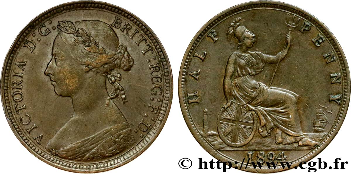 UNITED KINGDOM 1/2 Penny Victoria “Bun Head” 1894  XF 