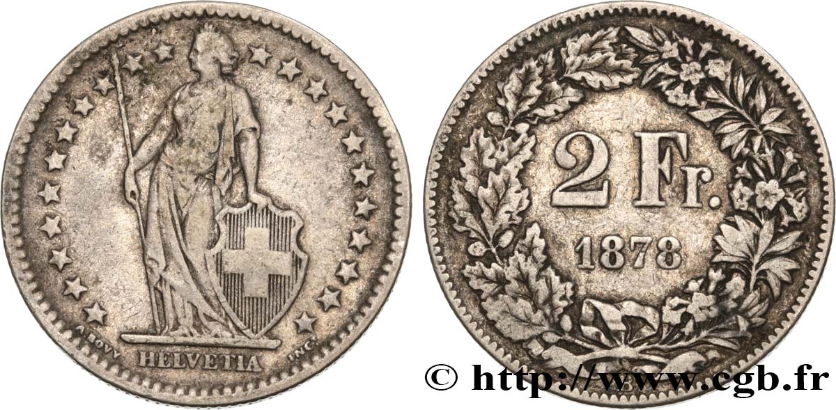 SUISSE 2 Francs Helvetia 1878 Berne TB+ 