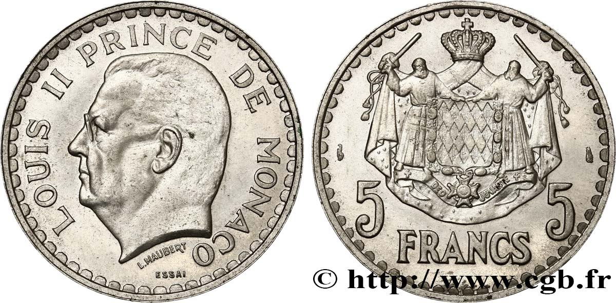 MONACO Essai de 5 Francs Louis II 1945 Paris SPL 