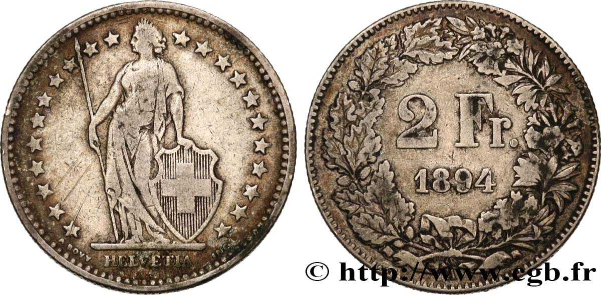 SWITZERLAND 2 Francs Helvetia 1894 Berne VF 