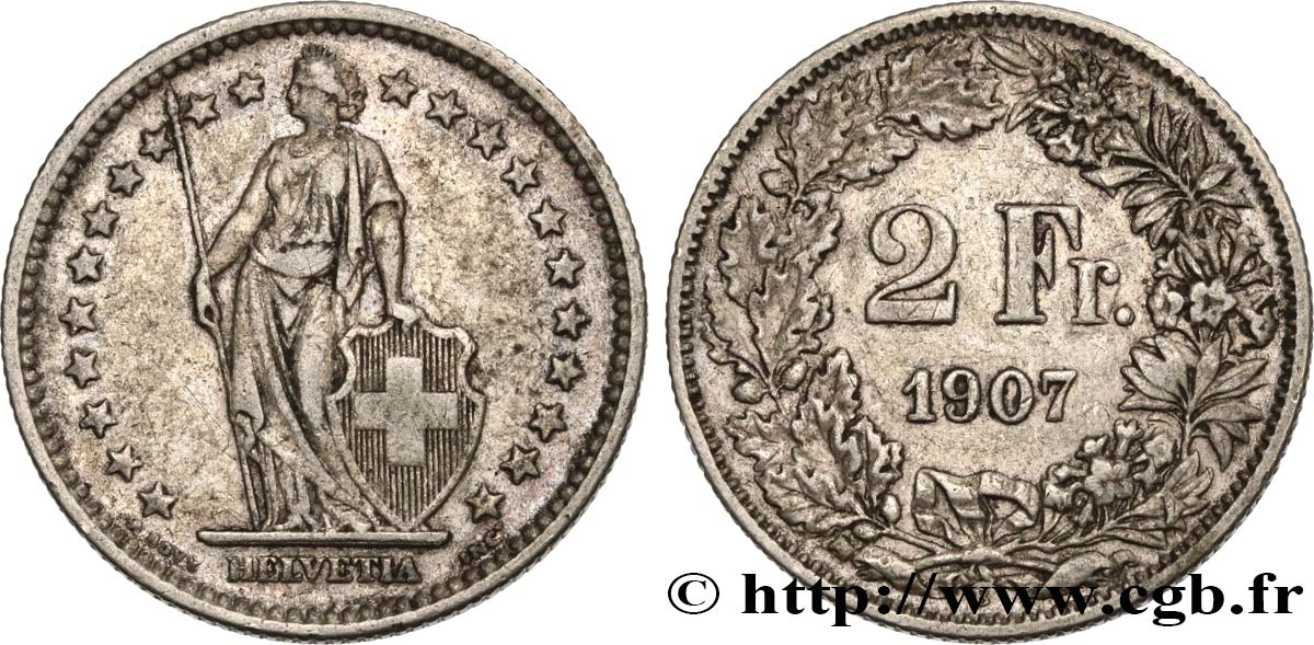SUISSE 2 Francs Helvetia 1907 Berne - B TTB 
