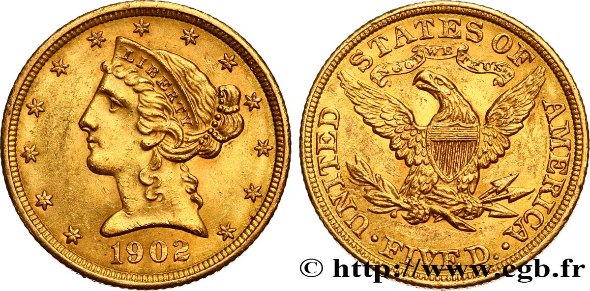 ÉTATS-UNIS D AMÉRIQUE 5 Dollars  Liberty  1902 Philadelphie AU 