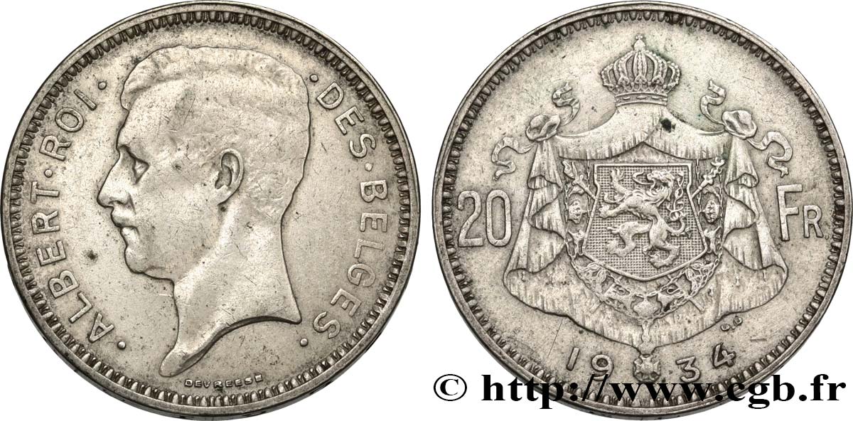 BELGIUM 20 Francs Albert Ier légende Française 1934  XF 