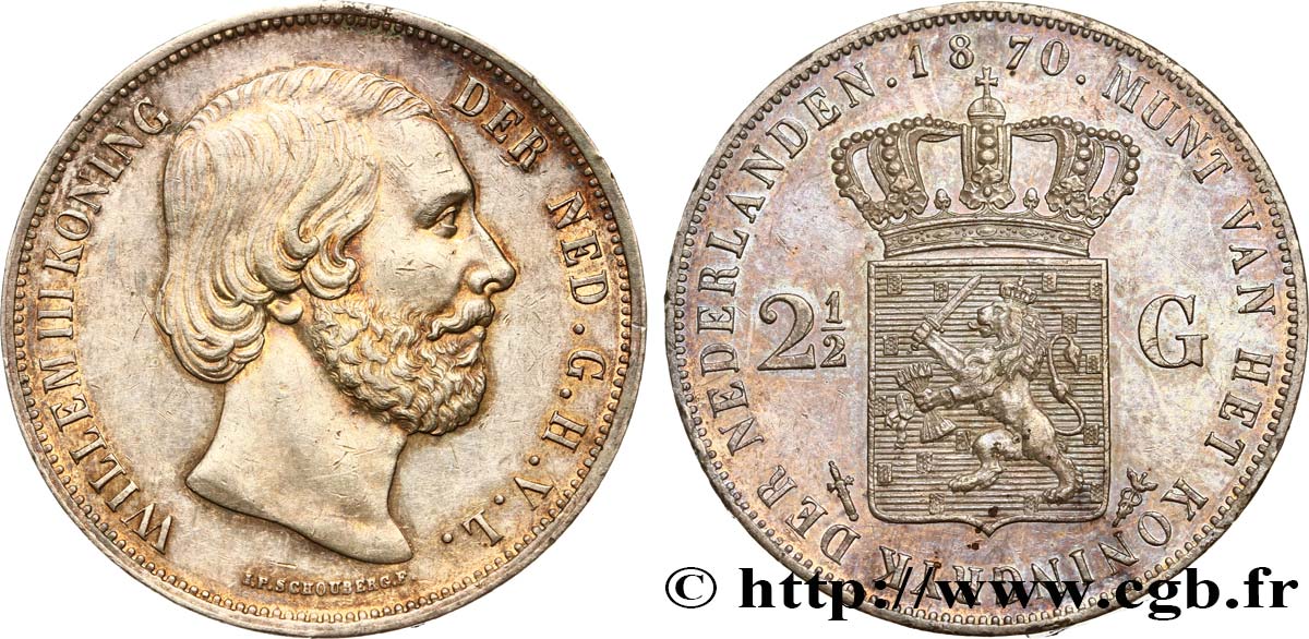 NETHERLANDS 2 1/2 Gulden Guillaume III 1870 Utrecht AU 