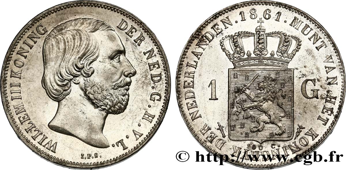 NETHERLANDS 1 Gulden Guillaume III 1861 Utrecht MS 