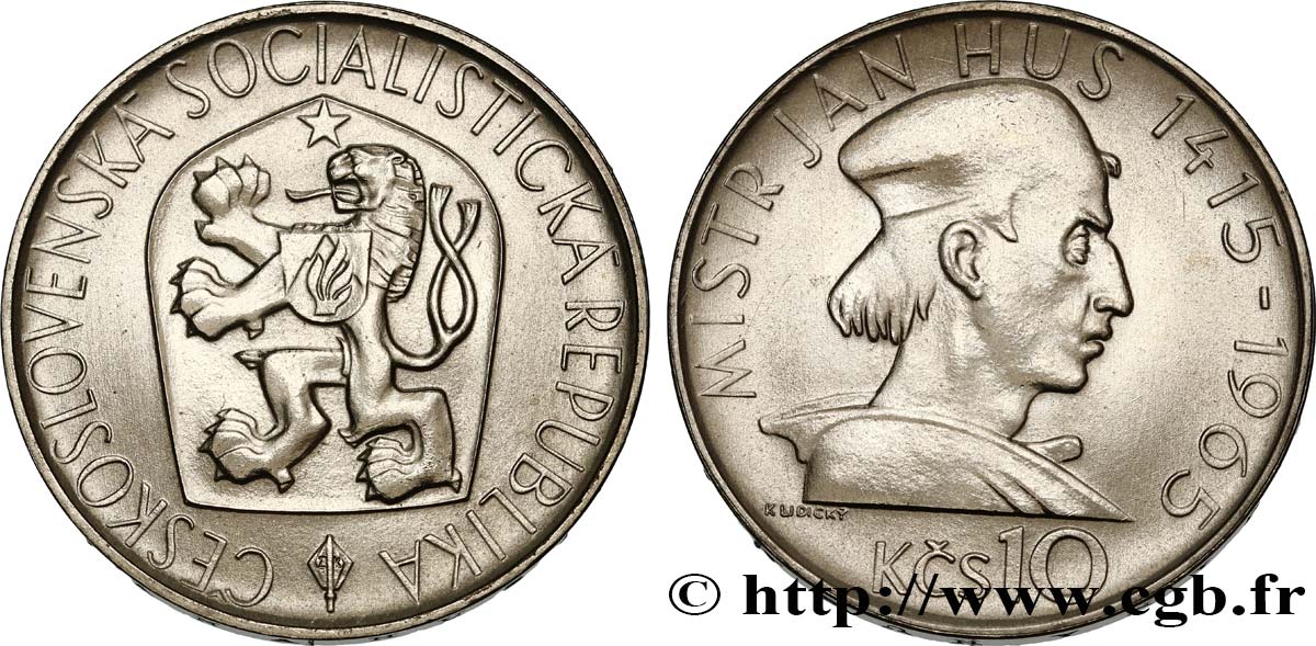 TCHÉCOSLOVAQUIE 10 Korun 550e anniversaire de la mort de Jan Huis 1965  SPL 