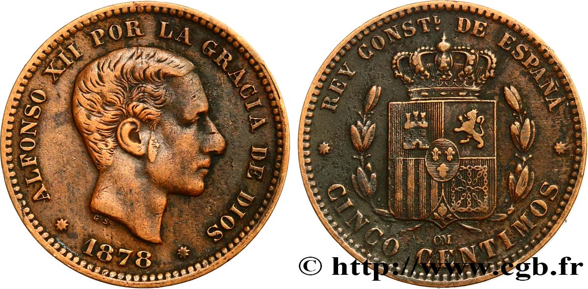 SPAIN 5 Centimos Alphonse XII 1878 Oeschger Mesdach & CO VF/MS 