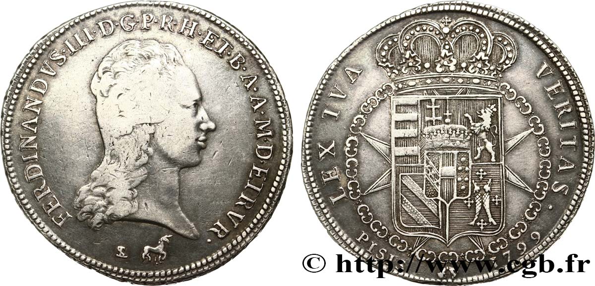 ITALY - GRAND DUCHY OF TUSCANY - FERDINAND III OF LORRAINE Francescone d’argent 1799 Florence VF 