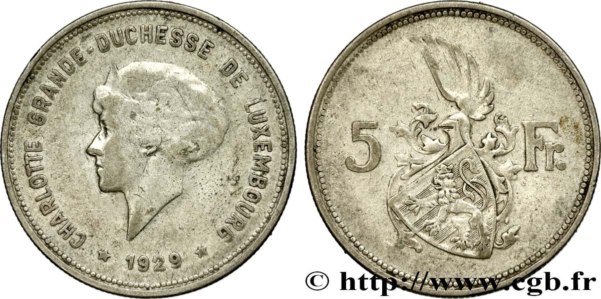 LUXEMBURGO 5 Francs Grande-Duchesse Charlotte 1929  BC+ 