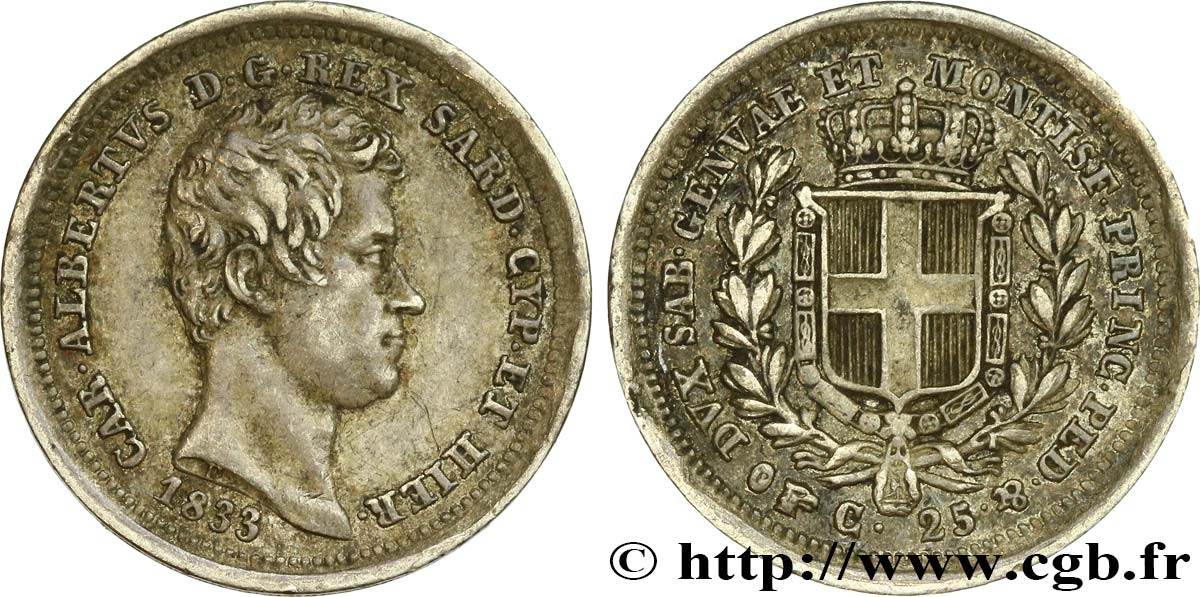 ITALY - KINGDOM OF SARDINIA 25 Centesimi Charles Albert 1833 Turin XF 