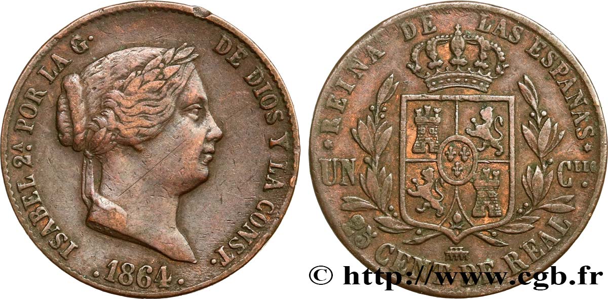 ESPAÑA 25 Centimos de Real (Cuartillo) Isabelle II / écu couronné 1864 Ségovie MBC 