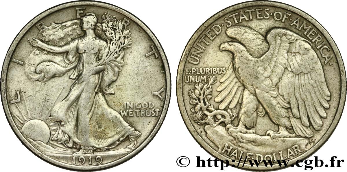 STATI UNITI D AMERICA 1/2 Dollar Walking Liberty 1919 Philadelphie BB 