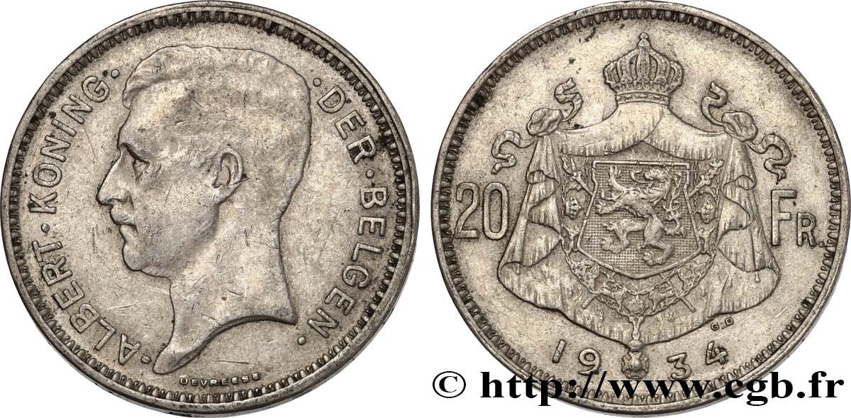 BELGIO 20 Francs Albert Ier légende Flamande 1934  BB 