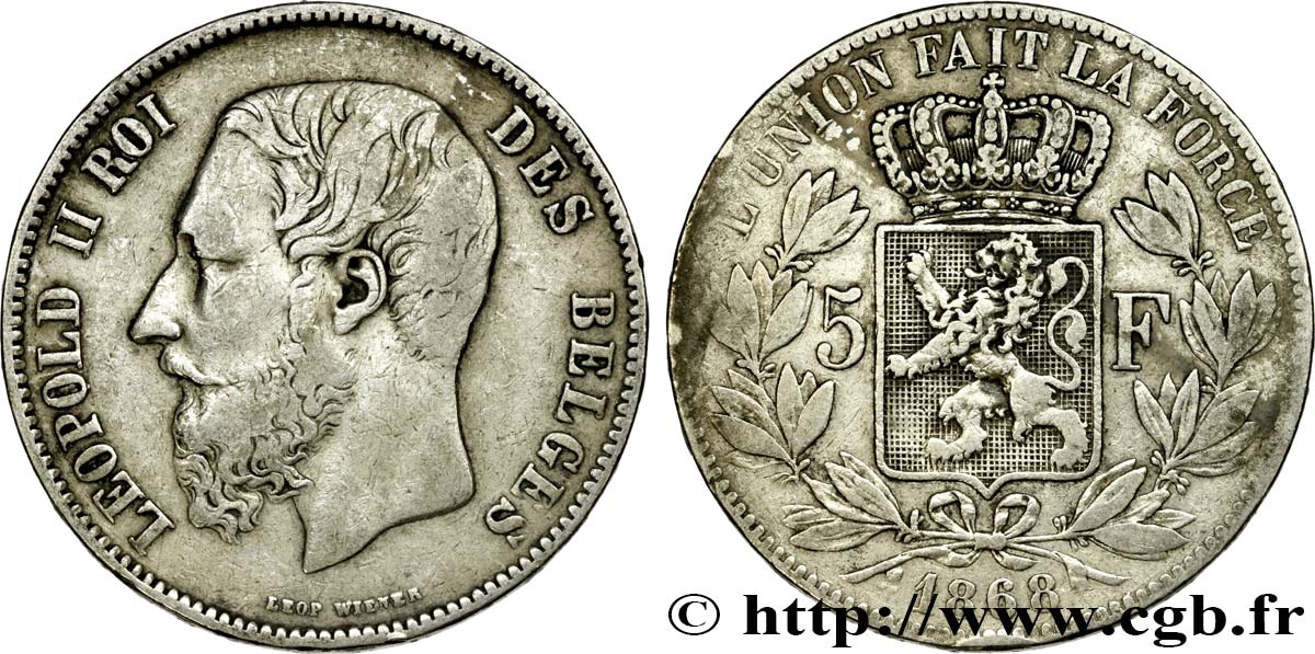 BELGIQUE 5 Francs Léopold II  1868  TB+ 