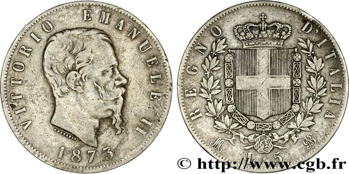 ITALY 5 Lire Victor Emmanuel II 1873 Milan VF 