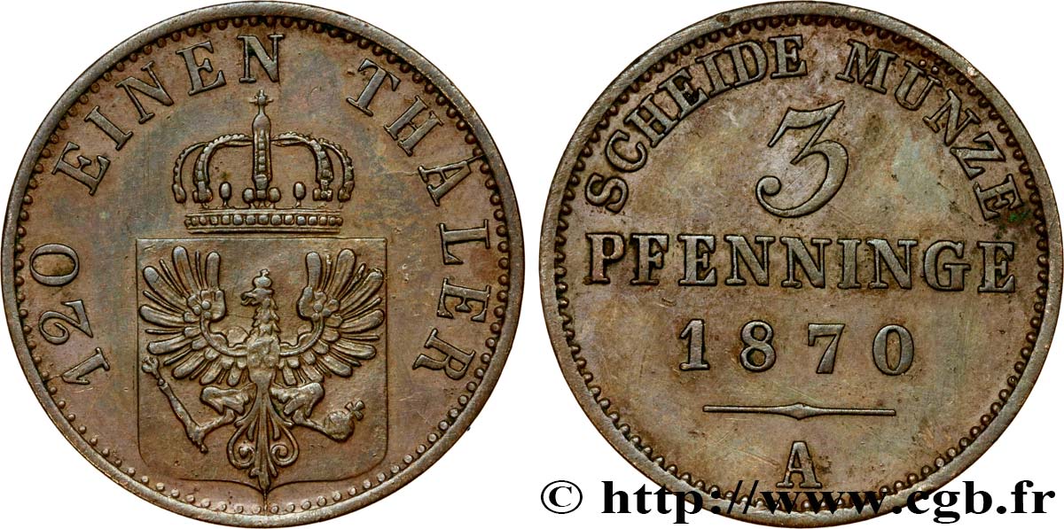 GERMANY - PRUSSIA 3 Pfenninge 1870 Berlin AU 