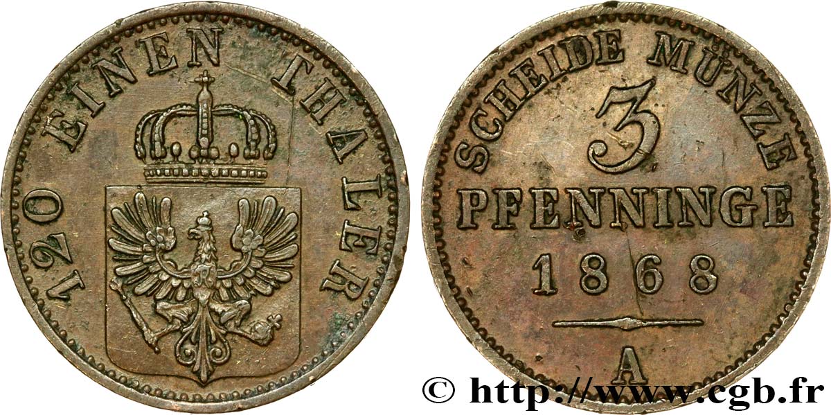 GERMANY - PRUSSIA 3 Pfenninge 1868 Berlin AU 