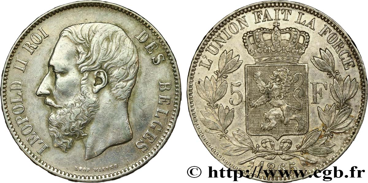 BELGIUM - KINGDOM OF BELGIUM - LEOPOLD II 5 Francs 1865  XF/AU 