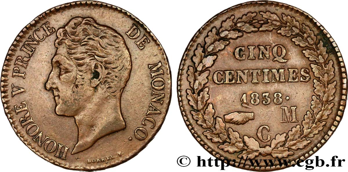 MONACO - HONORÉ V 5 Centimes petite tête en cuivre rouge 1838 Monaco SS/fVZ 