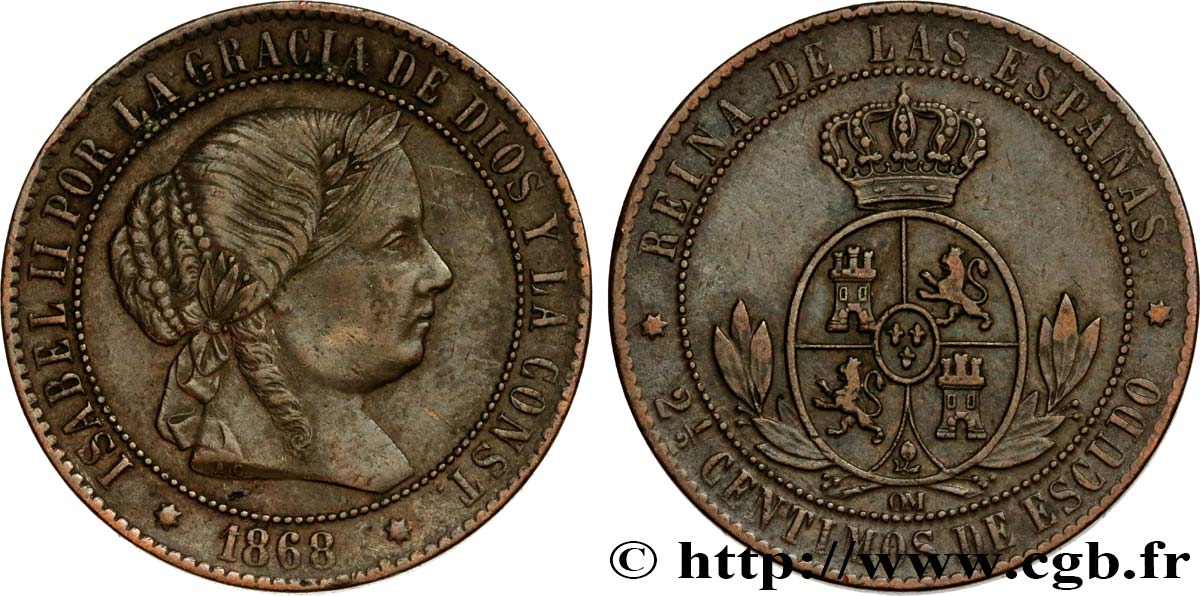 ESPAGNE 2 1/2 Centimos de Escudo Isabelle II 1868 Oeschger Mesdach & CO TTB 