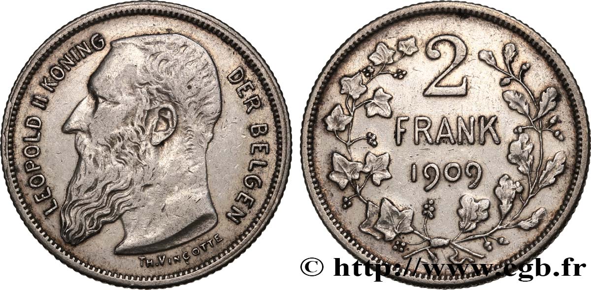 BELGIQUE 2 Frank (Francs) Léopold II légende flamande 1909  TTB 