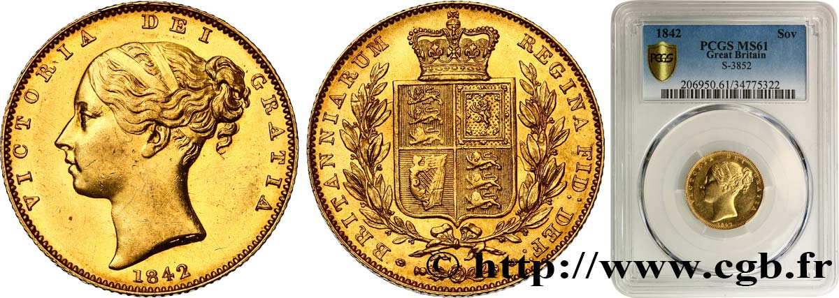 GREAT BRITAIN - VICTORIA Souverain, tête jeune 1842 Londres MS61 PCGS