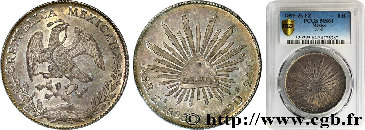 MEXICO - REPUBLIC 8 Reales 1895 Zacatecas fST64 PCGS