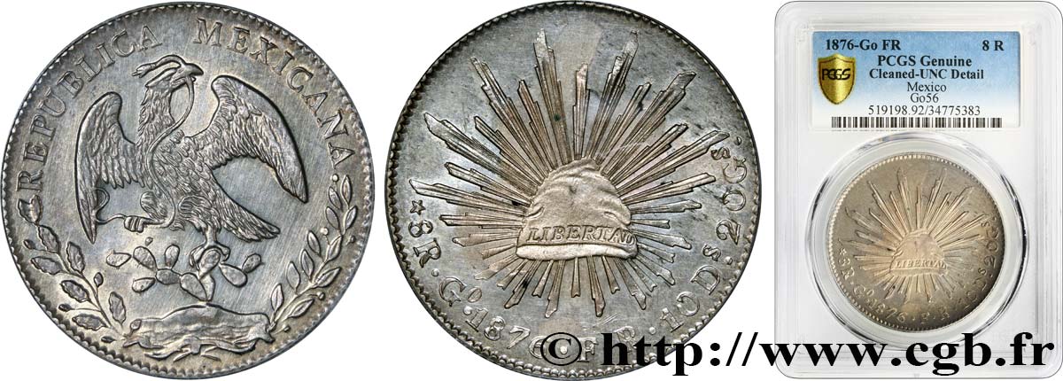 MEXICO - REPUBLIC 8 Reales 1876 Guanajuato fST PCGS