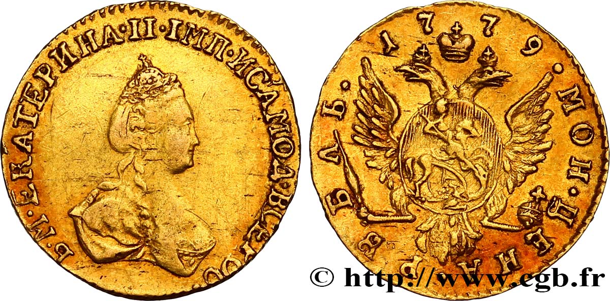 RUSSIA - CATERINA II Rouble en or, sans marque 1779 Saint-Pétersbourg BB 